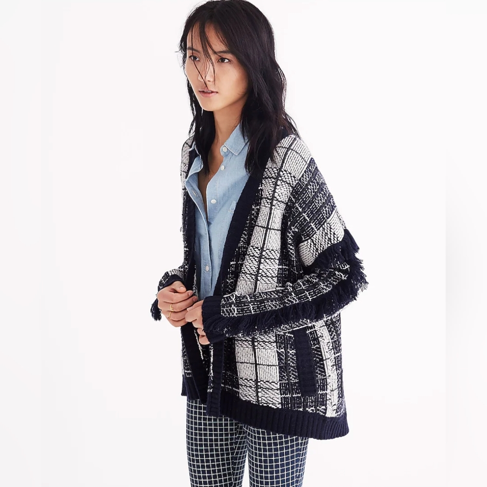 NWT Madewell Plaid Fringe Cardigan Sweater - Small